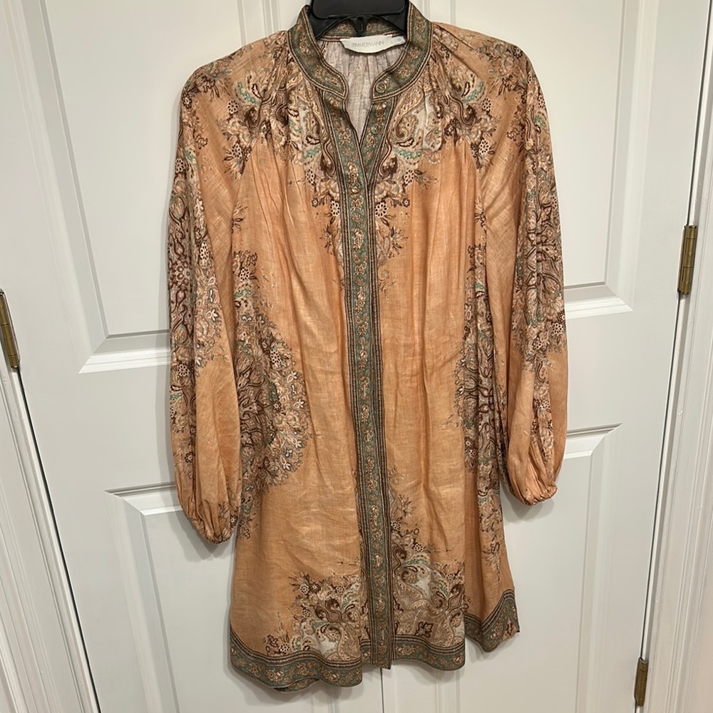 Zimmermann Linen Mini Dress Peach with Green accent. Belt included.Size 0.
